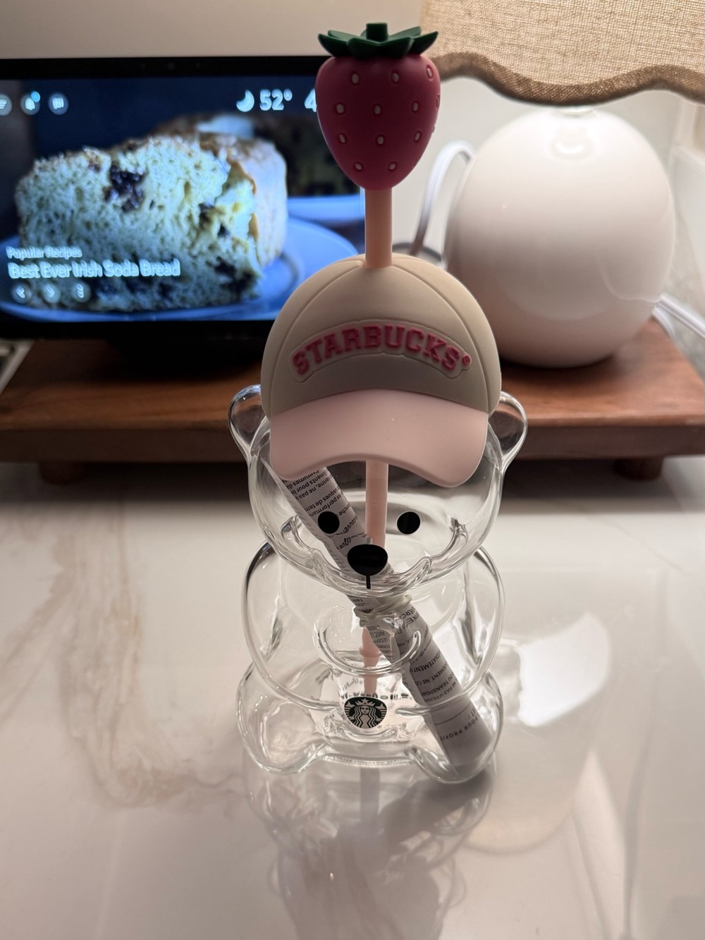 Starbucks Clear Bear Tumbler with Pink Hat & Straw